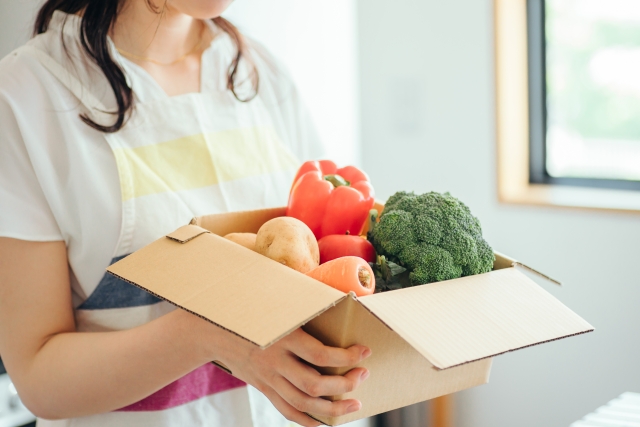 段ボールに入った野菜を持つ女性