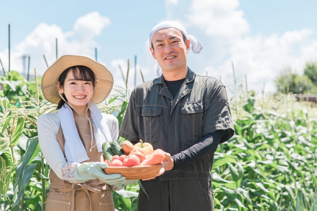 野菜を持つ農家の男性と女性